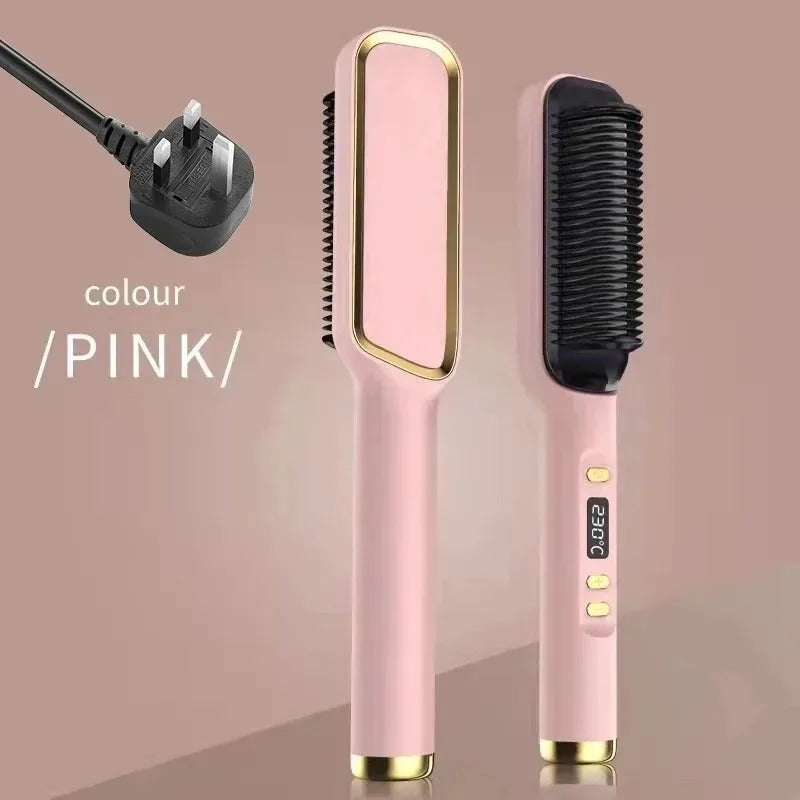 2-in-1 Heated Hair Straightener Brush – Instantly Smooth, Straighten & Curl with One Tool