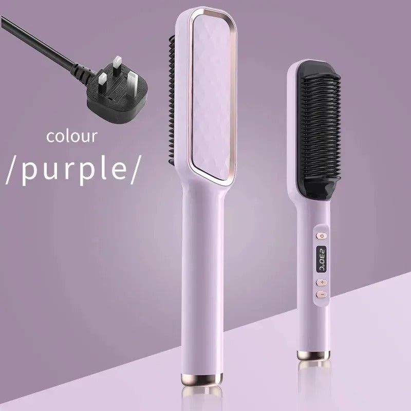 2-in-1 Heated Hair Straightener Brush – Instantly Smooth, Straighten & Curl with One Tool