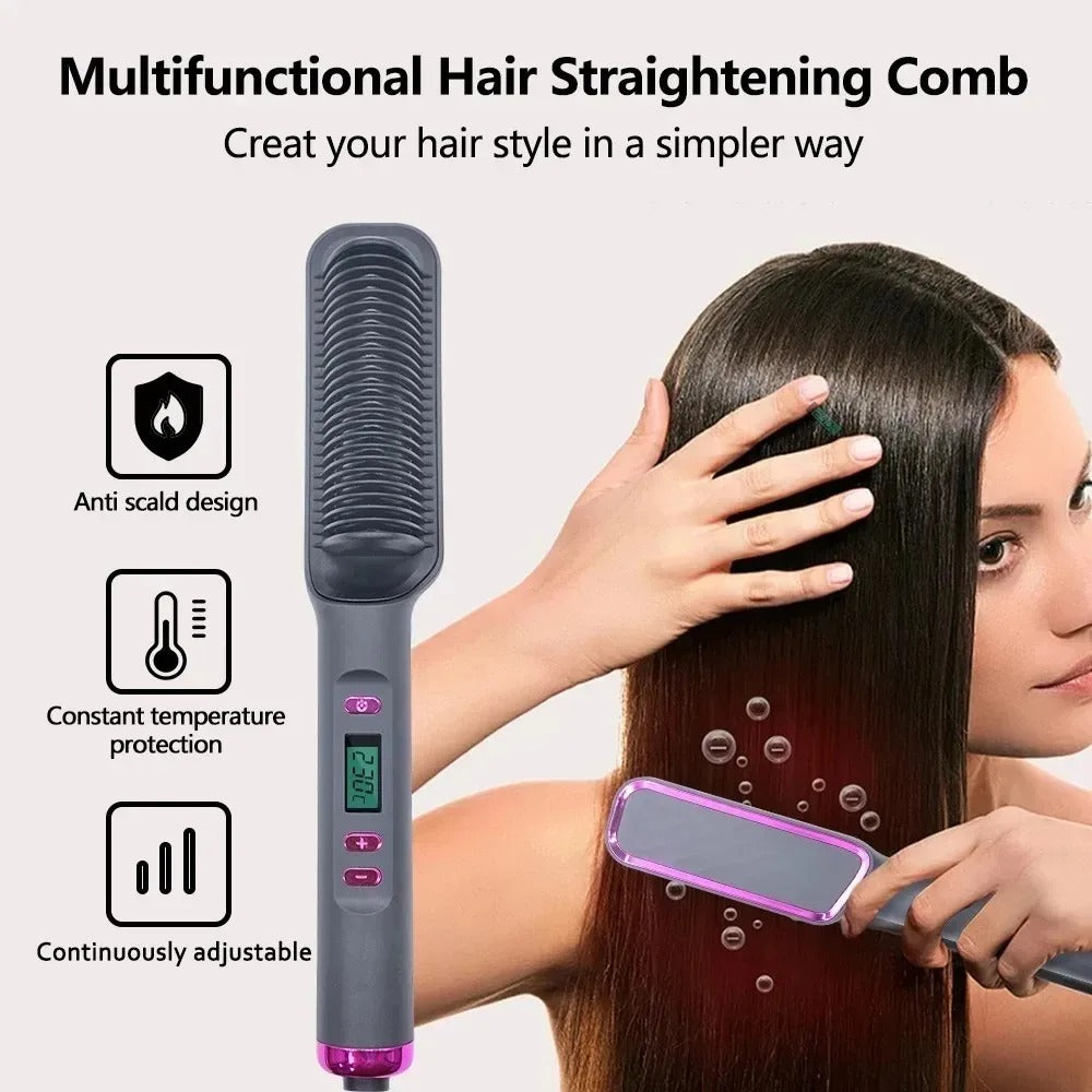 2-in-1 Heated Hair Straightener Brush – Instantly Smooth, Straighten & Curl with One Tool