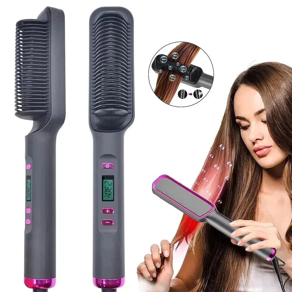 2-in-1 Heated Hair Straightener Brush – Instantly Smooth, Straighten & Curl with One Tool