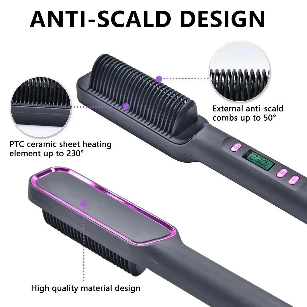 2-in-1 Heated Hair Straightener Brush – Instantly Smooth, Straighten & Curl with One Tool