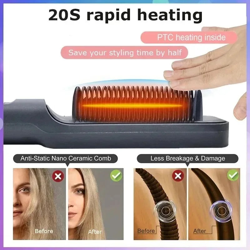 2-in-1 Heated Hair Straightener Brush – Instantly Smooth, Straighten & Curl with One Tool