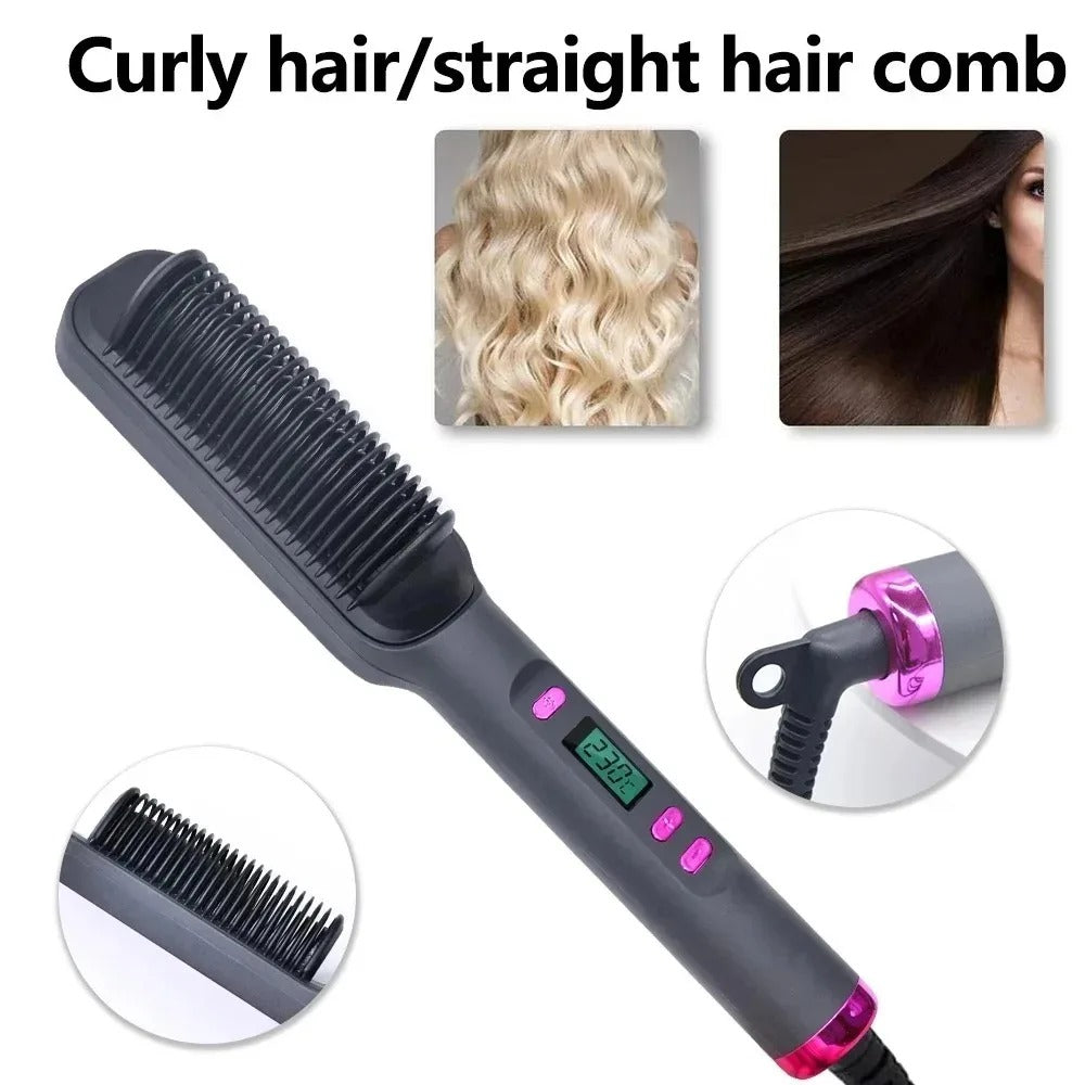 2-in-1 Heated Hair Straightener Brush – Instantly Smooth, Straighten & Curl with One Tool