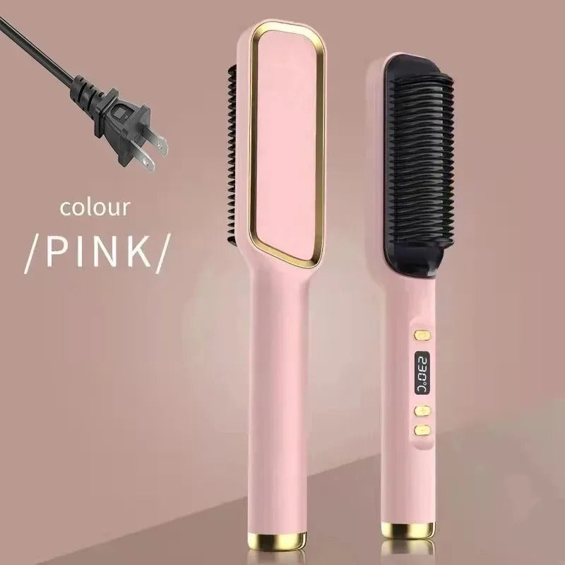 2-in-1 Heated Hair Straightener Brush – Instantly Smooth, Straighten & Curl with One Tool