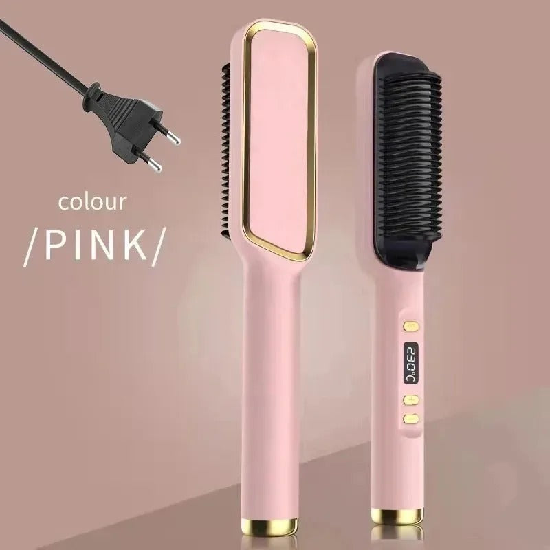 2-in-1 Heated Hair Straightener Brush – Instantly Smooth, Straighten & Curl with One Tool